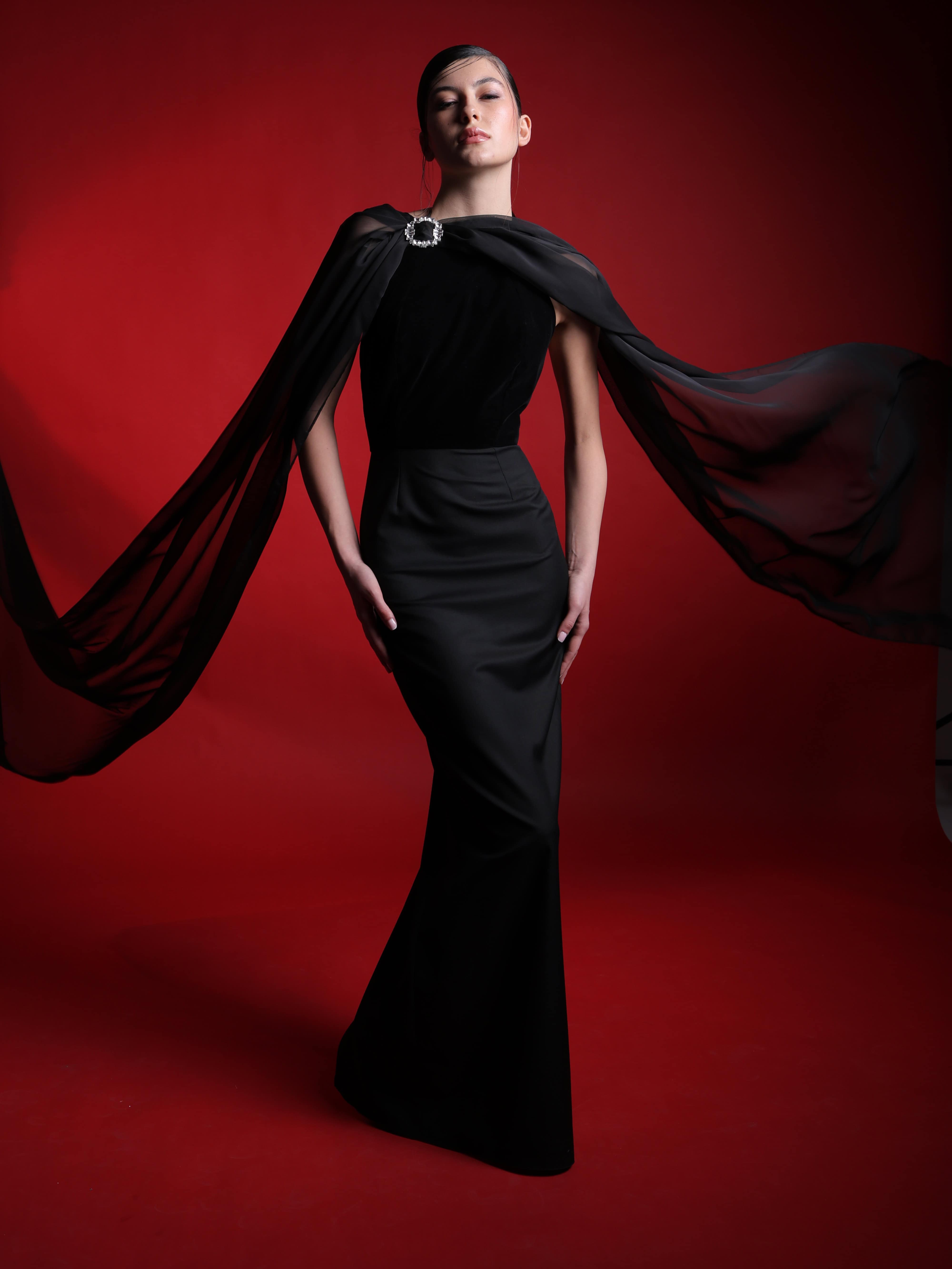 BLACK MAXI CHIFFON CAPE DRESS