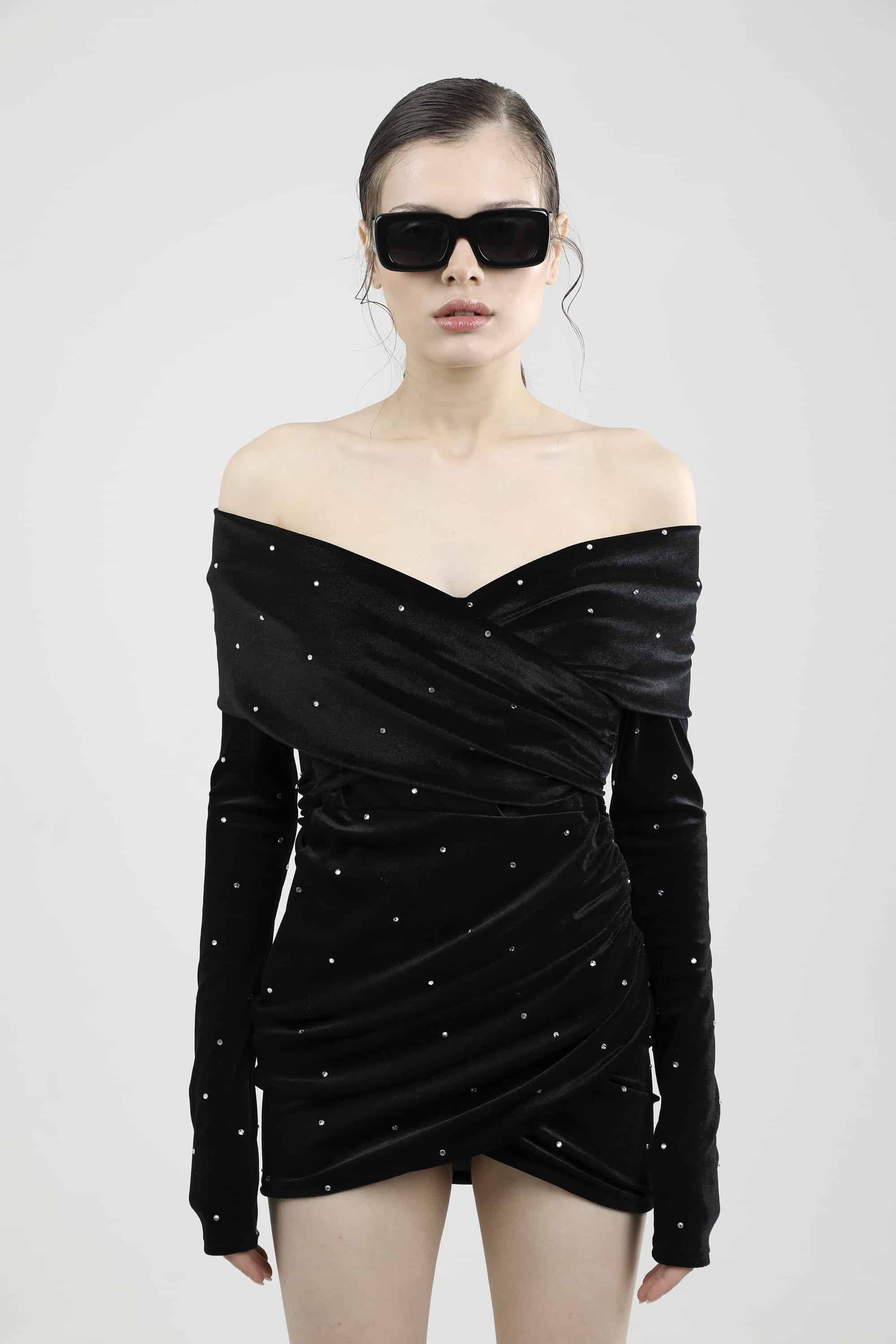 CRYSTAL EMBELLISHED  BLACK VELVET DRESS